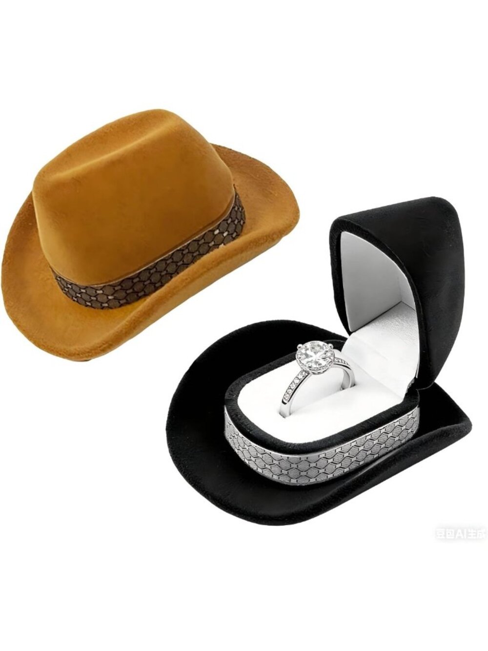 Unique Cowboy Hat Jewelry Box Set - Velvet Ring & Earring Holder for Weddings